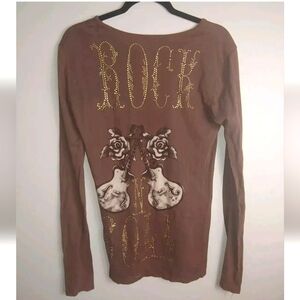 M J & Company Y2K Guitar Print Studded Long Sleeve Tee